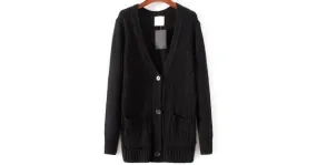 Black V Neck Front Pocket Coat Cardigan