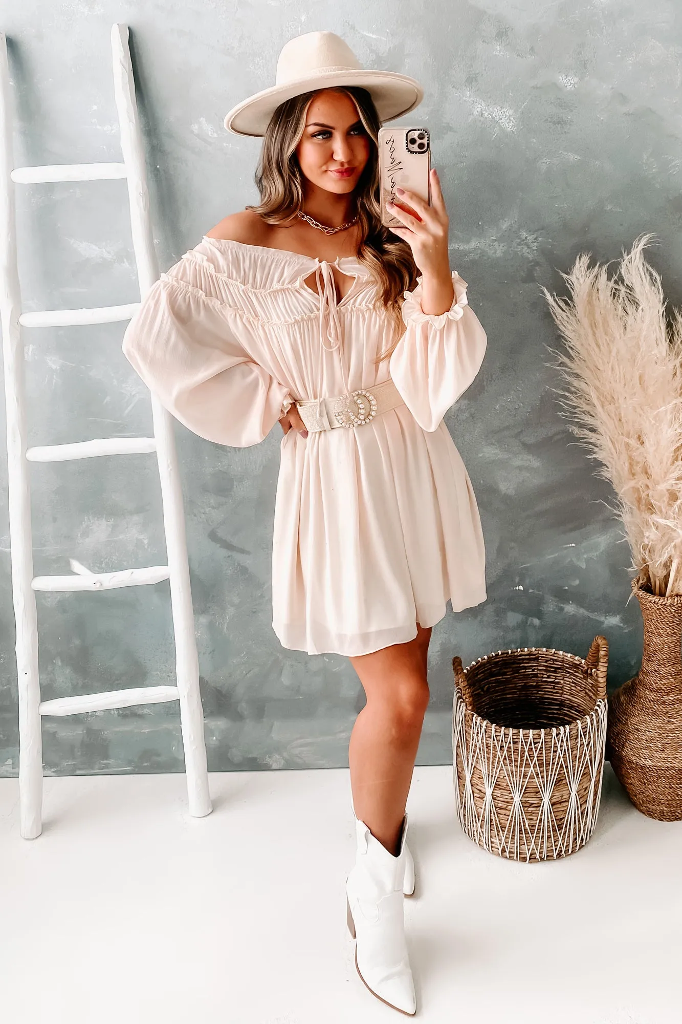 Cultivating Trust Off The Shoulder Chiffon Dress (Beige)