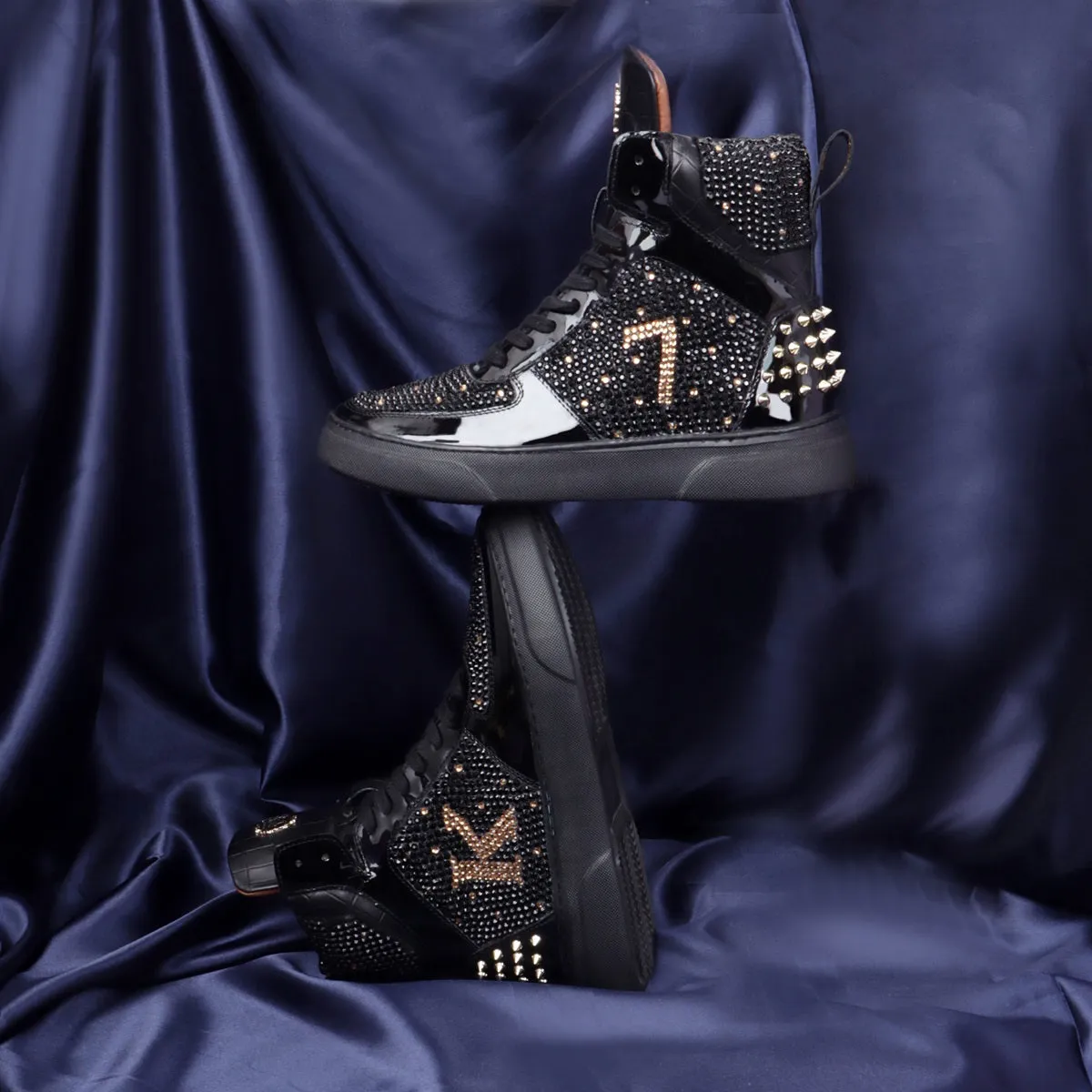 Customized K7 Initial Black and Golden Swarovski Crystal Zardosi Patent Leather Sneakers with Golden Stud by Brune & Bareskin