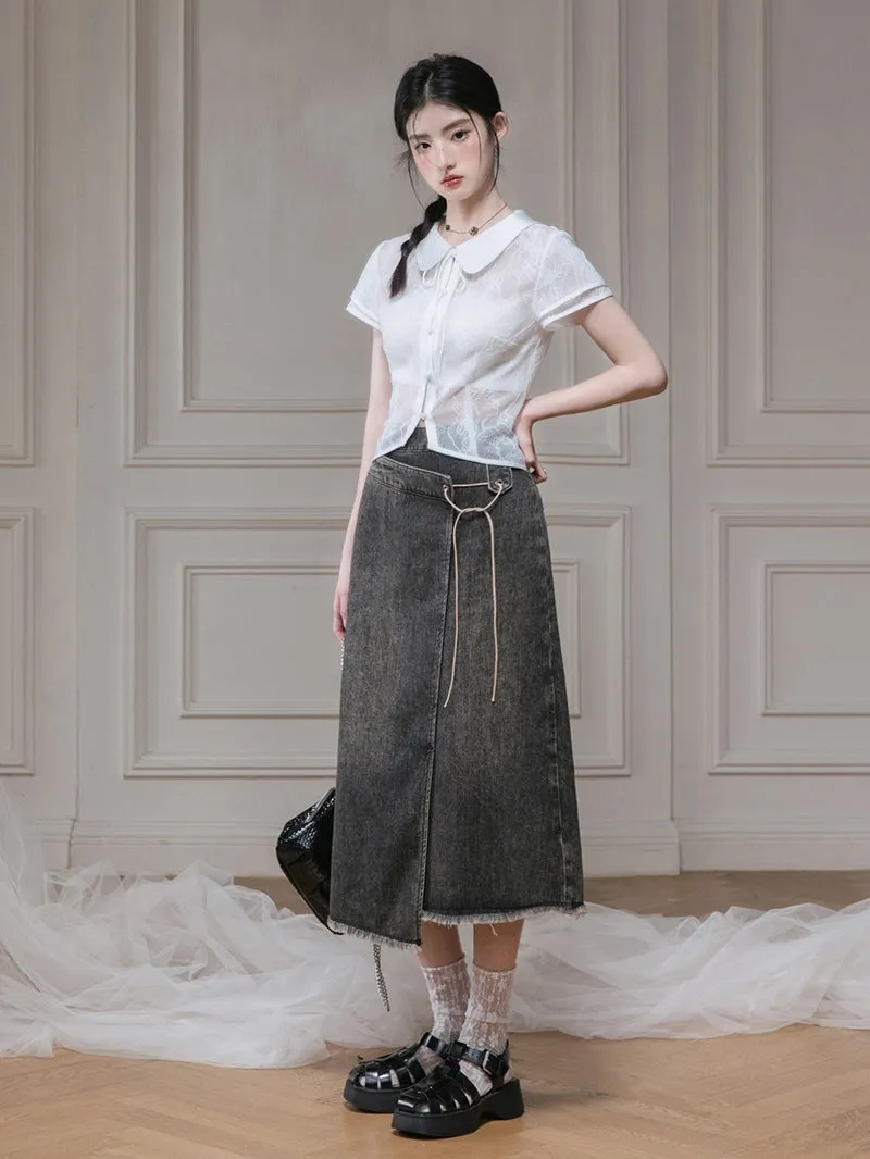 Distressed Washed Denim Lace-Up Top ＆ Wrap Skirt Set-up