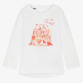 Girls White Handbag Print Cotton T-Shirt