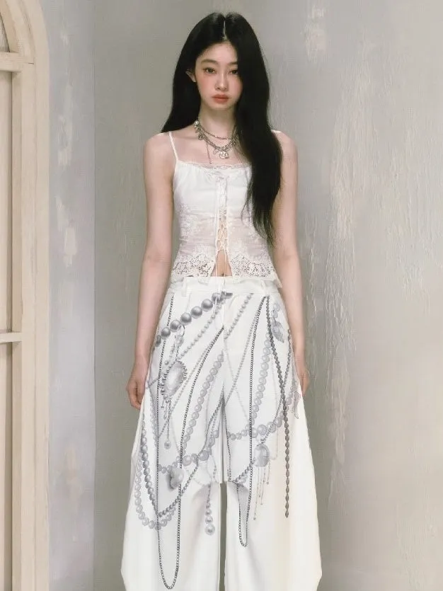 Lace Stitching Lace-Up Slim Camisole & Frill Tiered Long Skirt