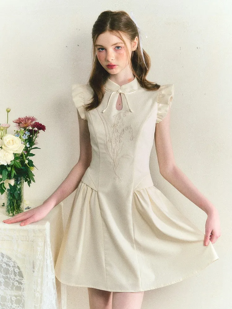 Lace-Up Frill Embroidery Flower Mao-Collar Feminine Dress
