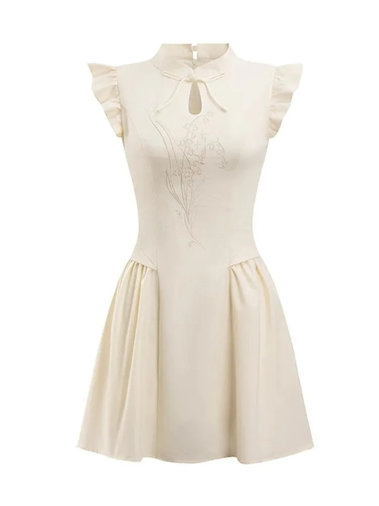 Lace-Up Frill Embroidery Flower Mao-Collar Feminine Dress