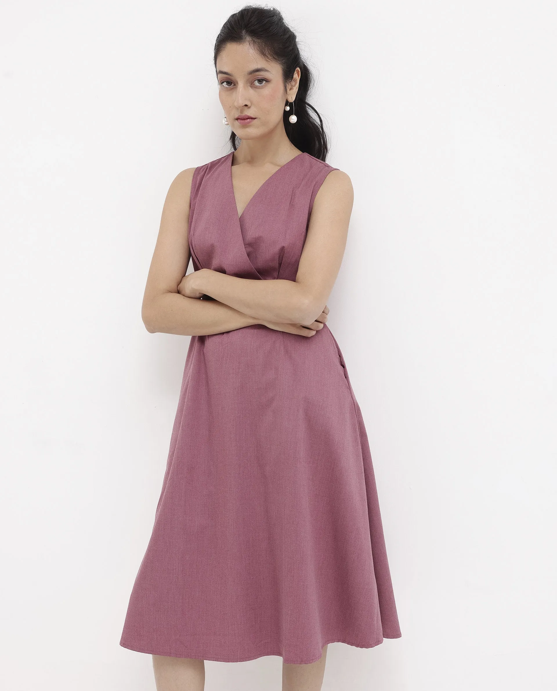 Rareism Women Valmode Dusky Pink Zipper Closure Sleeveless Over Lap Neck Fit And Flare Plain Midi Dress
