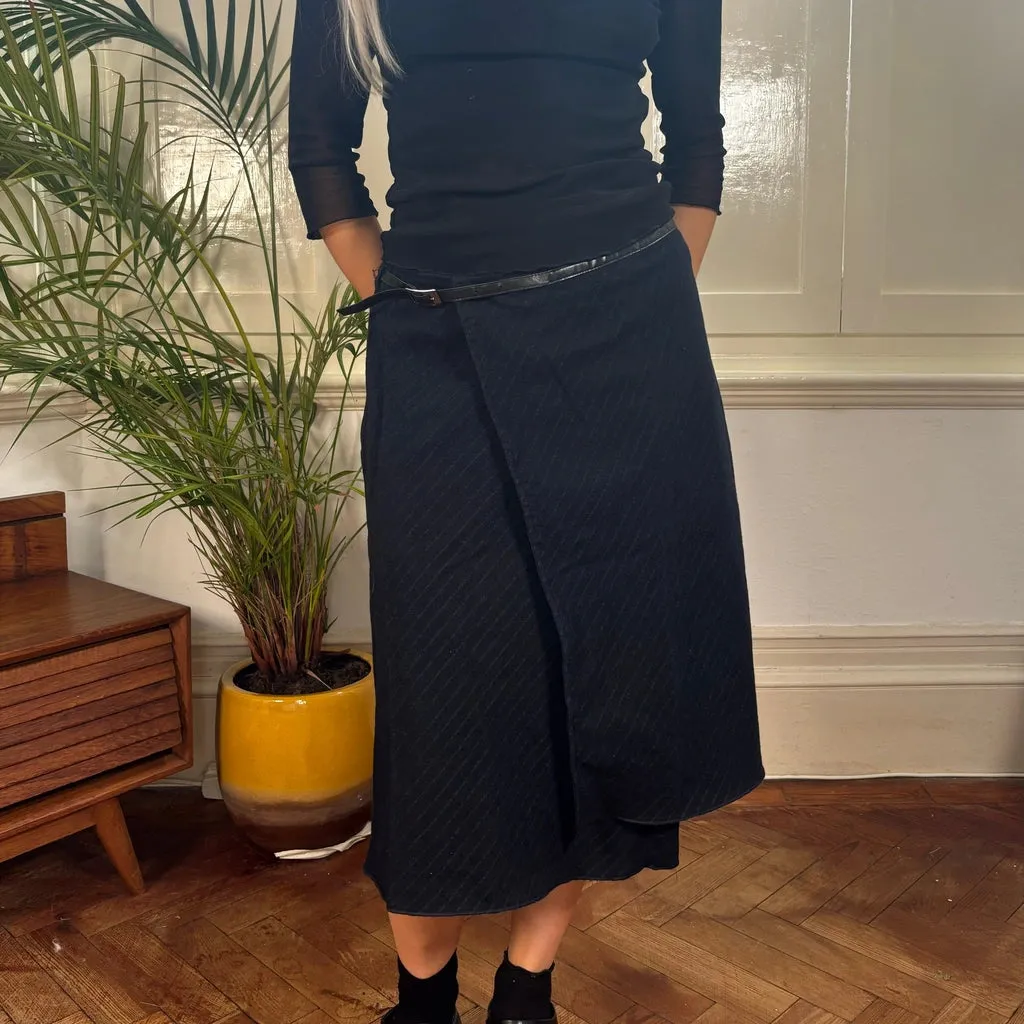 Sisley Pinstripe Midi Skirt - 29W UK 10 Navy Wool Blend