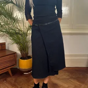 Sisley Pinstripe Midi Skirt - 29W UK 10 Navy Wool Blend