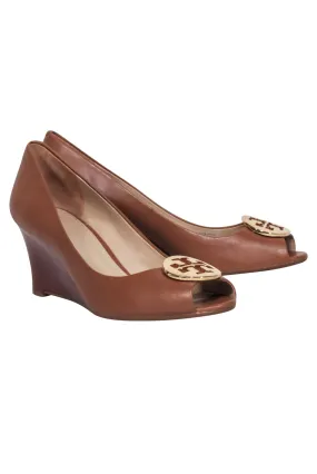 Tory Burch - Tan Leather Logo Peep Toe Wedge Sz 8