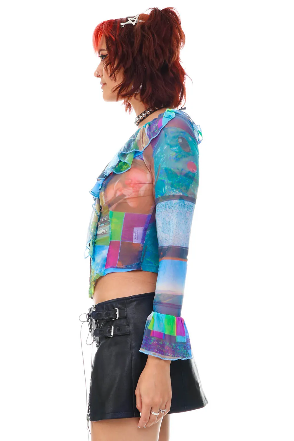 Vampy C-Punk Print Lace Ruffle Blouse