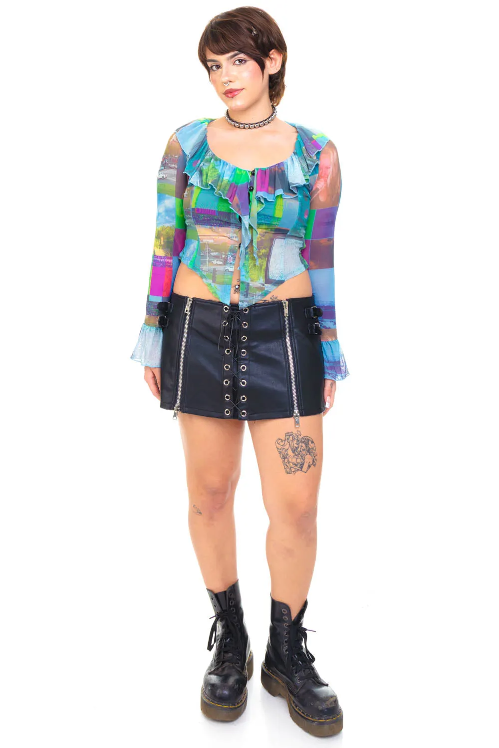 Vampy C-Punk Print Lace Ruffle Blouse