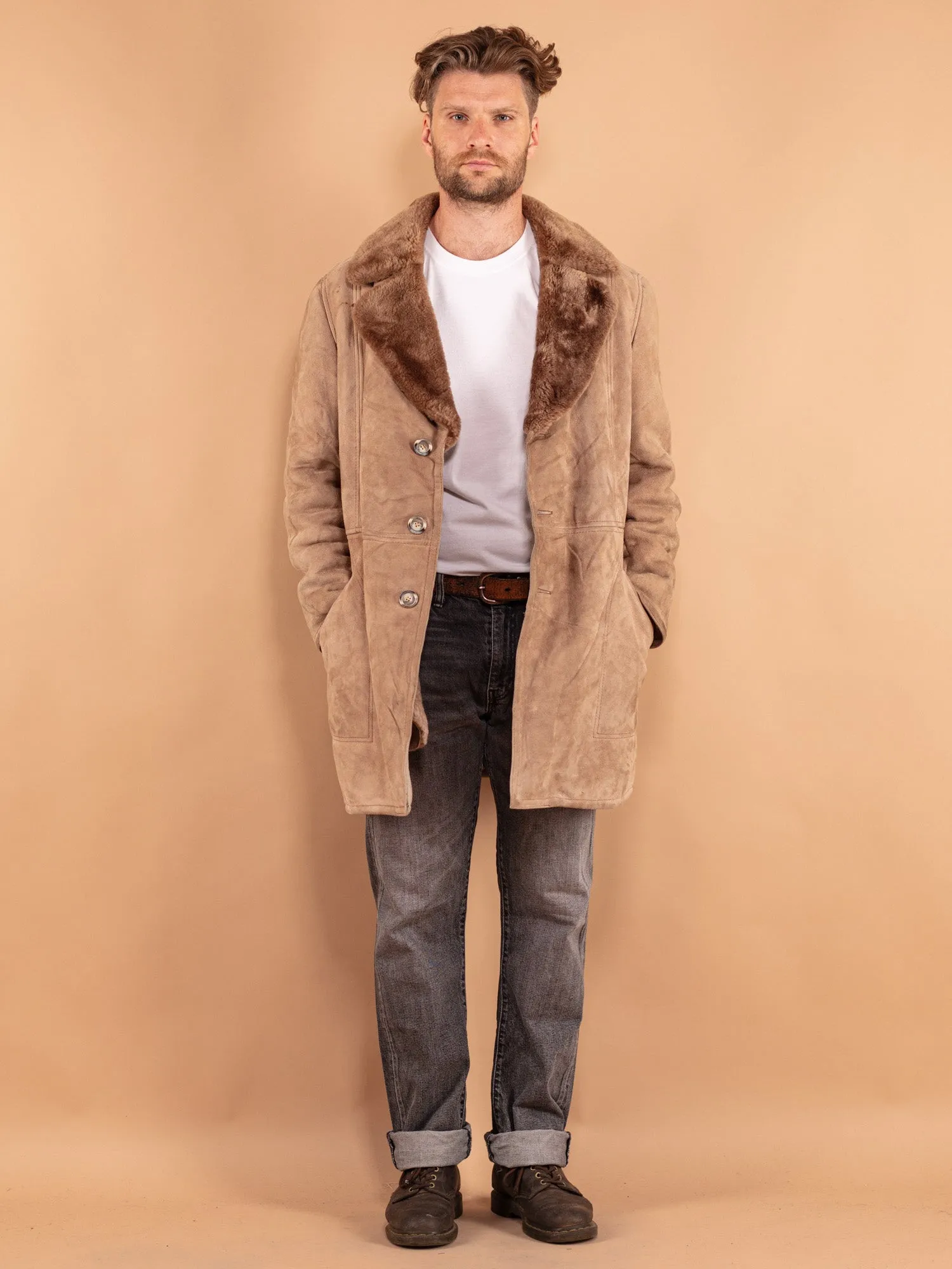 Vintage 70's Men Sheepskin Coat in Beige