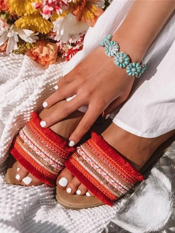 Women's Fringe Round Toe Polyester Slide Sandals Red